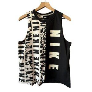 Women's M Nike Tank Top Black and White Split Logo Print Crew Neck